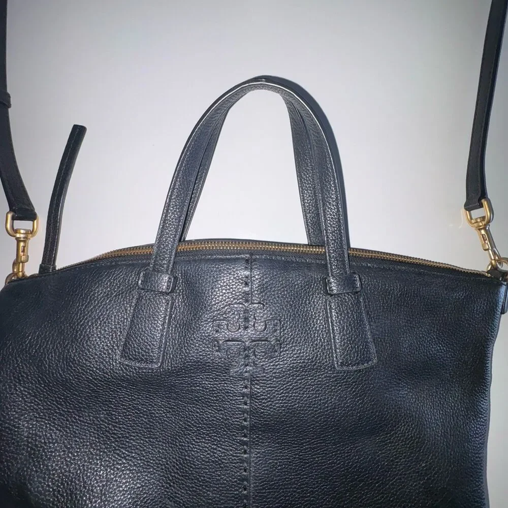 Tory Burch Black Pebbled Leather McGraw Top-Zip Satchel Crossbody Bag